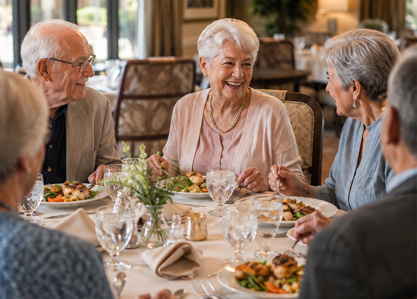 Senior residents enjoying chef-prepared meals in the restaurant-style dining room at Bella Mar at Delray Beach