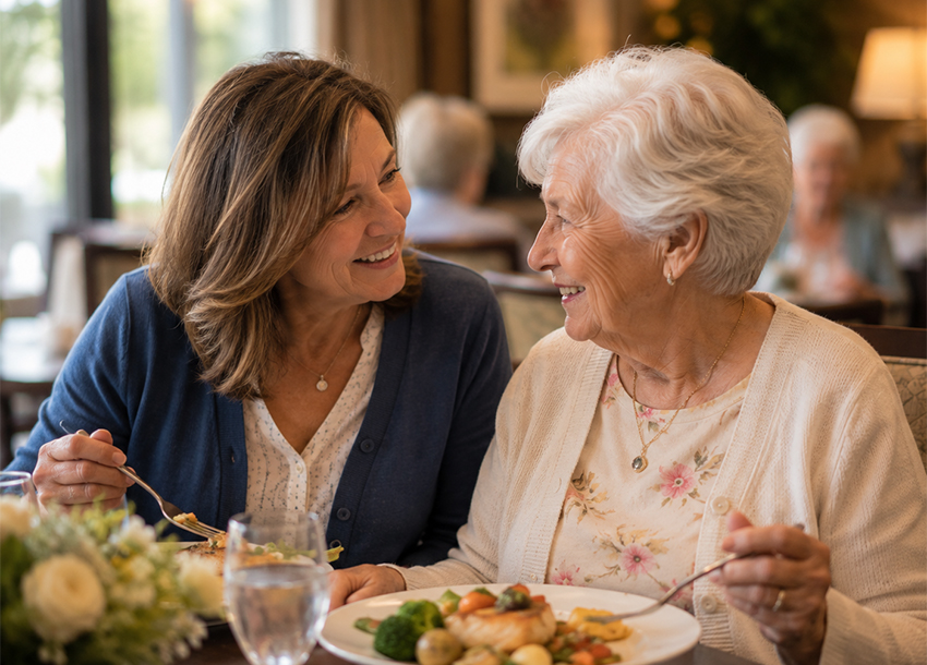 Family joining a resident for a meal while touring Bella Mar at Delray Beach in Delray Beach, FL