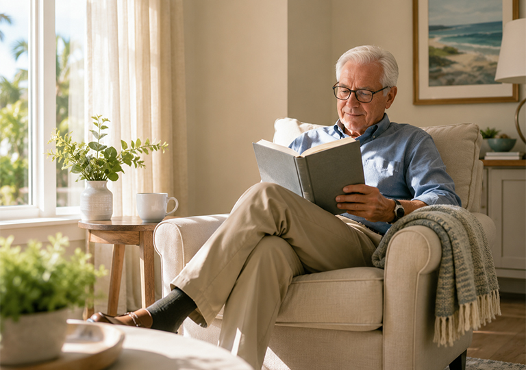 Senior resident relaxing in a clean, tidy apartment at Bella Mar Delray Beach