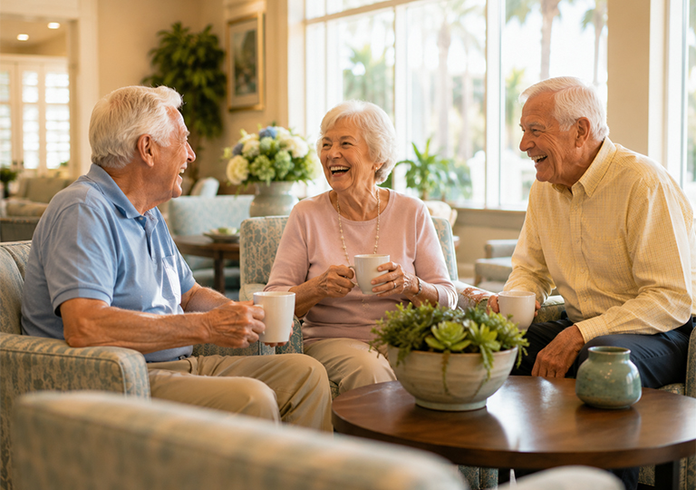 Seniors enjoying free time together after housekeeping service at Bella Mar Delray Beach