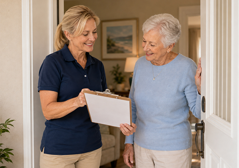 Housekeeping team member reviewing a flexible cleaning schedule with a resident in Delray Beach, FL
