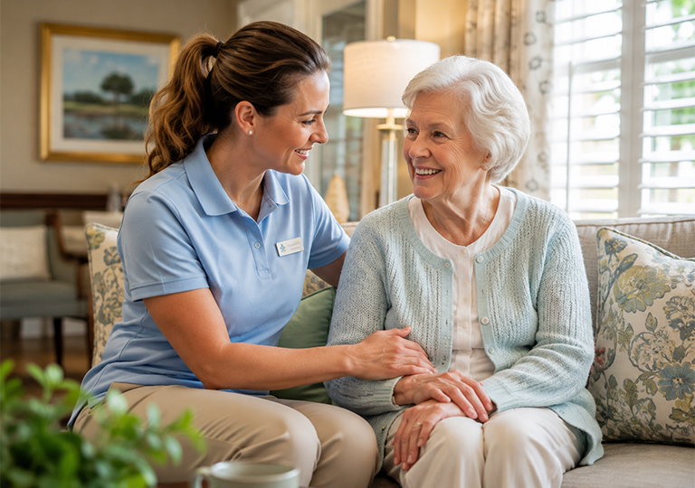 Caregiver assisting a senior resident with specialized memory care in Delray Beach, FL