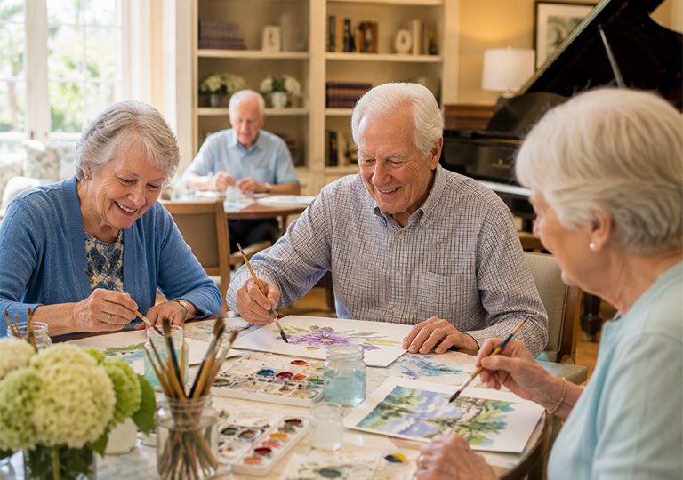 Memory care residents painting during a creative arts activity at Bella Mar Delray Beach