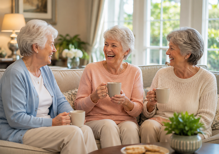 Senior residents sharing coffee and conversation in a memory care common area in Delray Beach